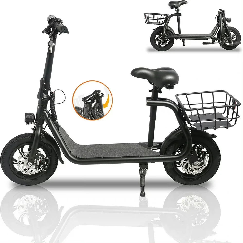 Lohoms 450W 36V Foldable Electric Scooters Bike, Adult Electric Moped Commuter Ebike Biycle Waterproof E-Scooter with Seat Basket 12 in Off-Road Tires, Black