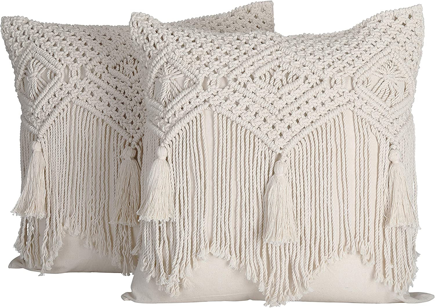 Boho Throw Pillow Covers 16X16, Macrame Pillow Covers, Modern Farmhouse Bohemian Pillow Covers for Bed, Couch or Sofa, Set of 2 with Tassels, Natural Off-White