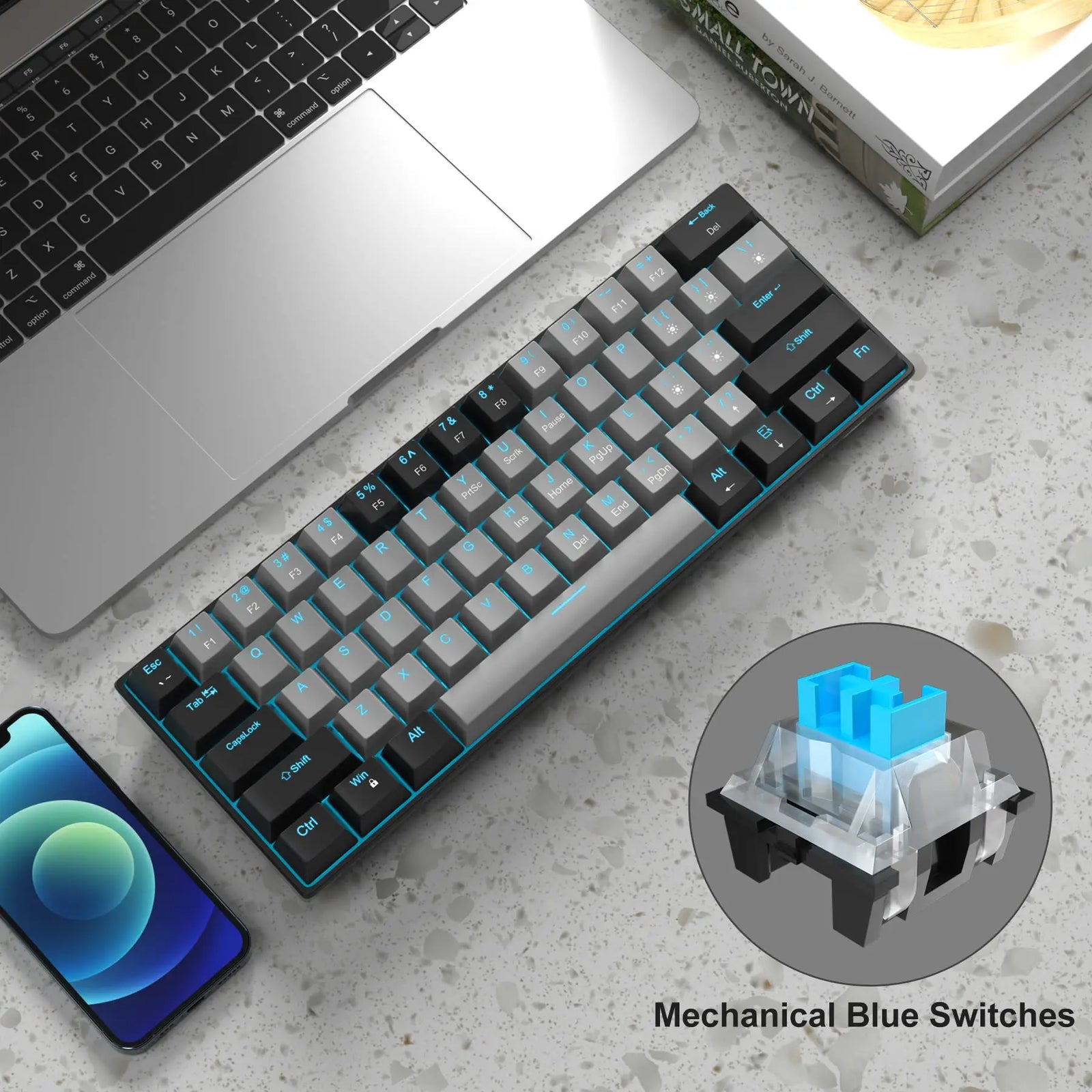 60% Mechanical Keyboard, Gaming Keyboard with Blue Switches and Sea Blue Backlit Small Compact 60 Percent Keyboard Mecha