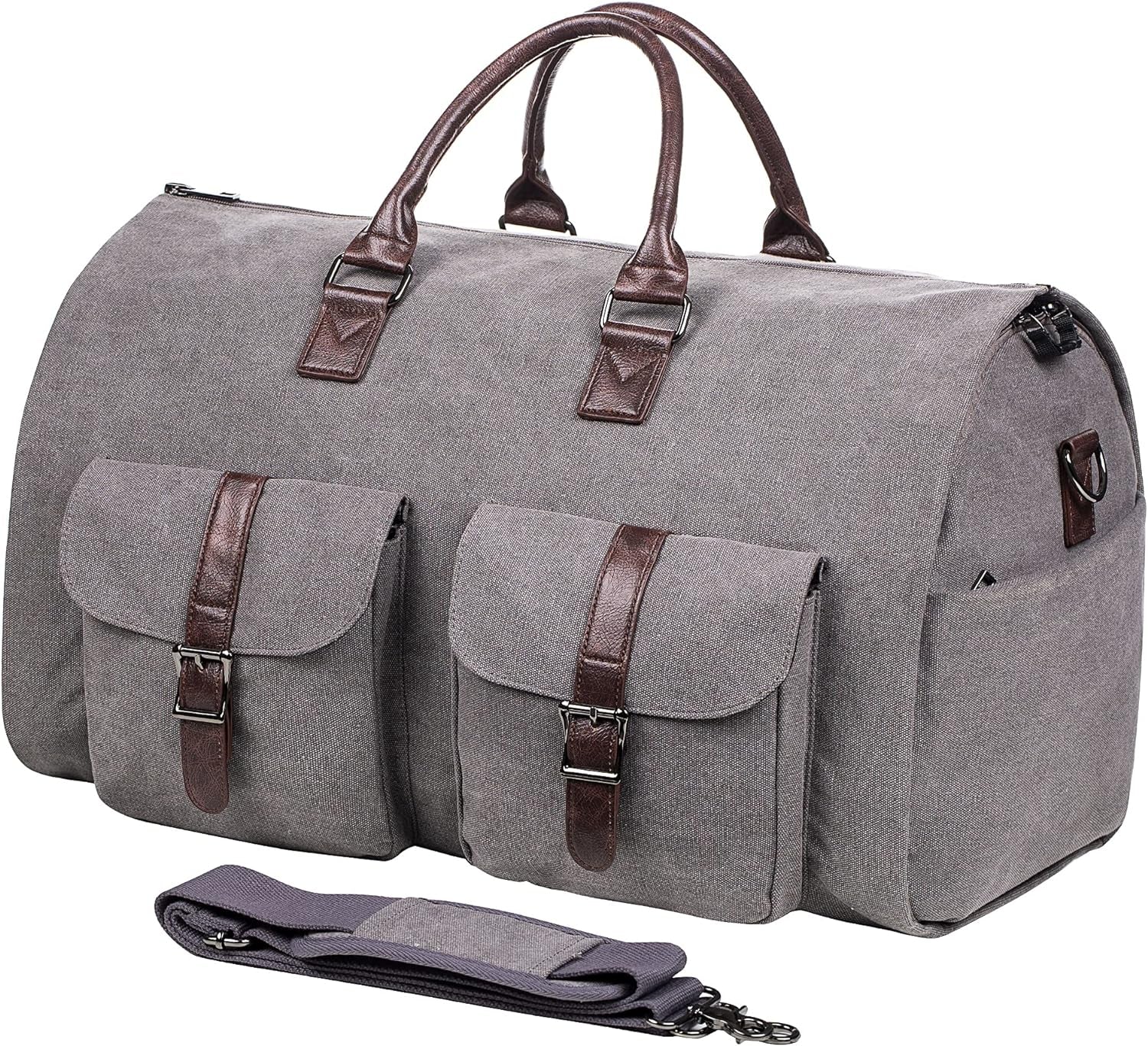 Carry on Garment Bag, Mens Garment Bag for Travel Business, Large Canvas Duffel Bag with Shoe Compartment -Grey