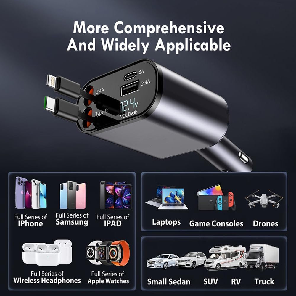 Retractable Car Charger, 100W 4 in 1 Super Fast Charge Car Phone Charger,Retractable Cables (31.5 Inch) and 2 USB Ports Car Charger Adapter for Iphone 15/14/13/12 Pro Max Xr,Ipad,Samsung,Pixel