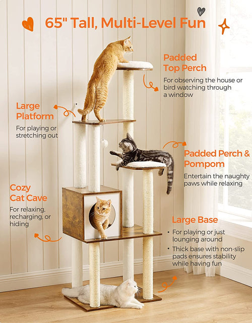 Load image into Gallery viewer, Woodywonders Cat Tree, 65-Inch Modern Cat Tower for Indoor Cats, Multi-Level Cat Condo with 5 Scratching Posts, Perch, Washable Removable Cushions, Cat Furniture, Rustic Brown UPCT166X01
