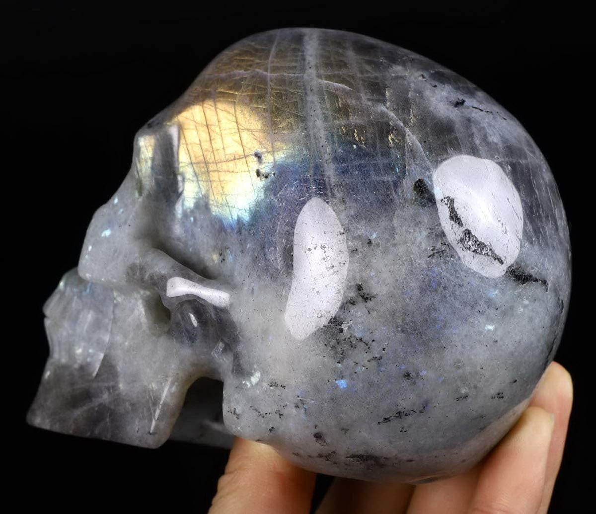 5.0” Labradorite Crystal Skull, Hand Carved Gemstone Fine Art Sculpture, Reiki Healing Stone Statue.