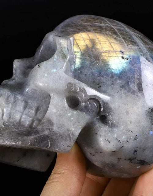 Load image into Gallery viewer, 5.0” Labradorite Crystal Skull, Hand Carved Gemstone Fine Art Sculpture, Reiki Healing Stone Statue.
