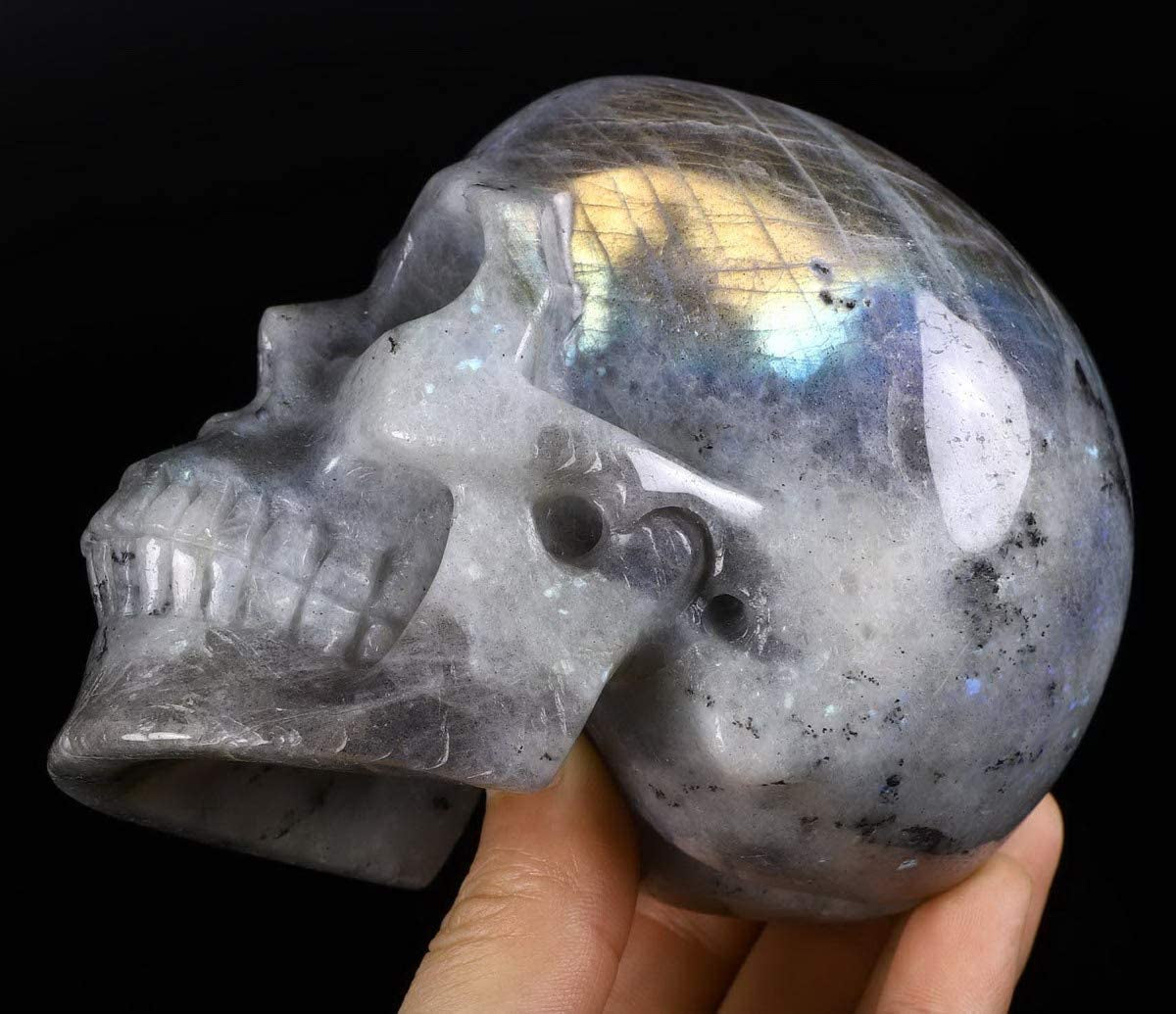 5.0” Labradorite Crystal Skull, Hand Carved Gemstone Fine Art Sculpture, Reiki Healing Stone Statue.