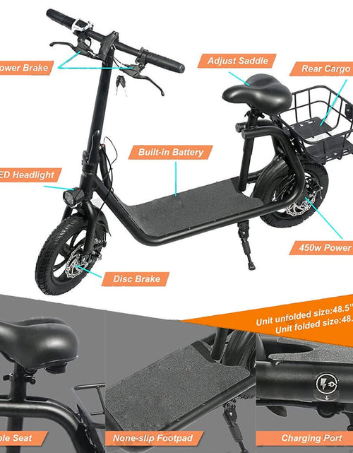 Load image into Gallery viewer, Lohoms 450W 36V Foldable Electric Scooters Bike, Adult Electric Moped Commuter Ebike Biycle Waterproof E-Scooter with Seat Basket 12 in Off-Road Tires, Black
