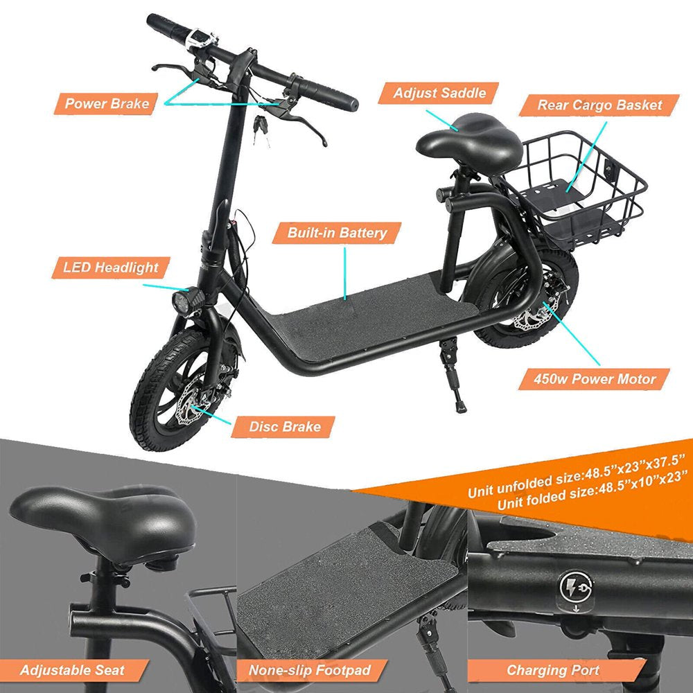 Lohoms 450W 36V Foldable Electric Scooters Bike, Adult Electric Moped Commuter Ebike Biycle Waterproof E-Scooter with Seat Basket 12 in Off-Road Tires, Black