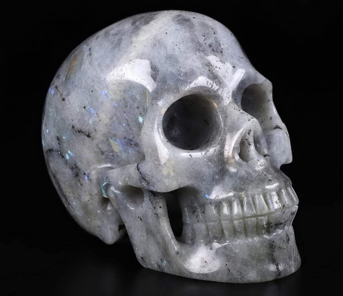 5.0” Labradorite Crystal Skull, Hand Carved Gemstone Fine Art Sculpture, Reiki Healing Stone Statue.