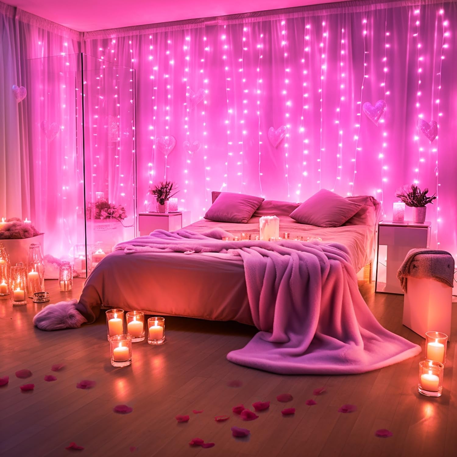 Pink Curtain Lights, Remote Control 300 LED Pink Curtain Lights 8 Modes Pink Valentine String Lights, Window Curtain Lights for Bedroom Wedding Party Backdrop Indoor Outdoor Room Decor(Pink)