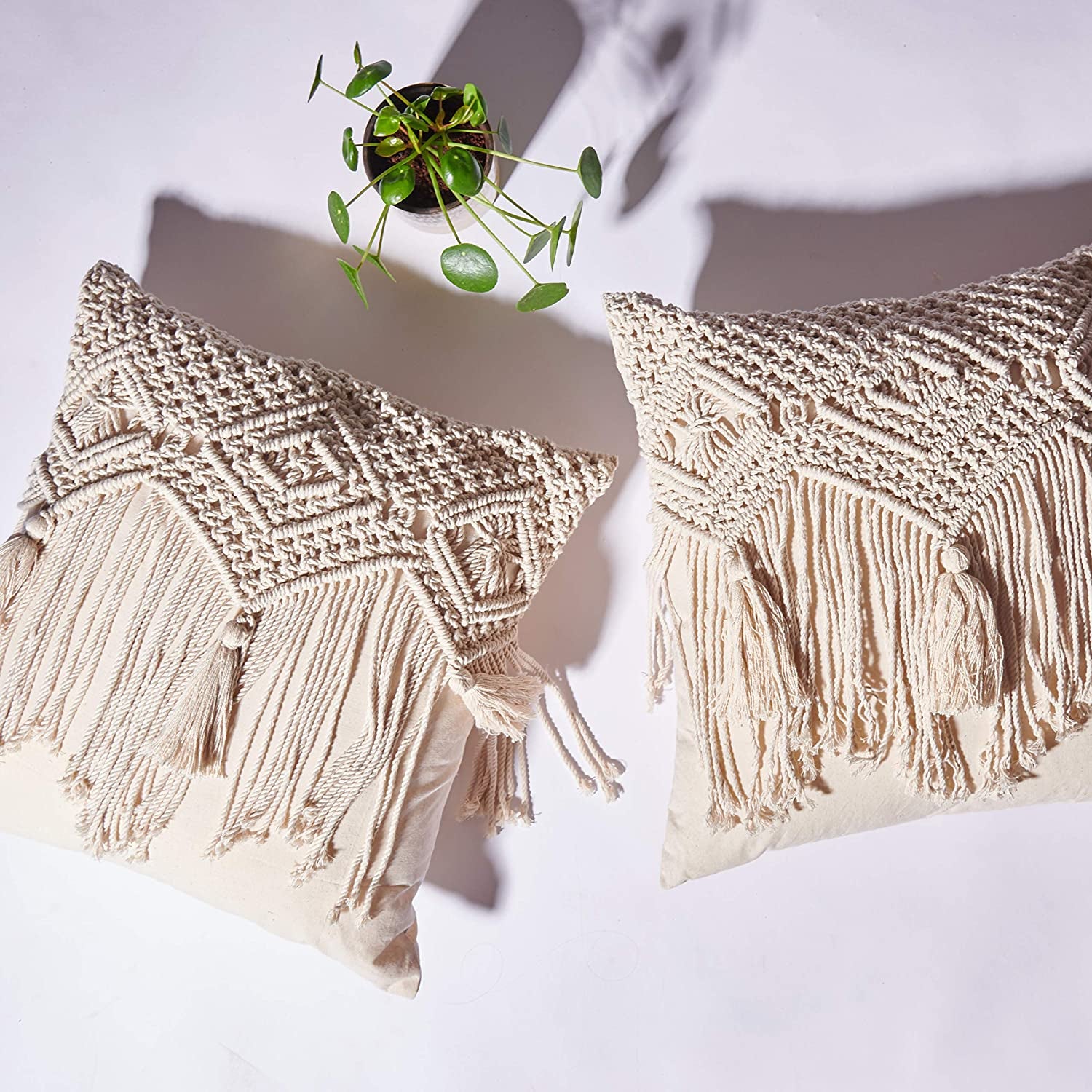 Boho Throw Pillow Covers 16X16, Macrame Pillow Covers, Modern Farmhouse Bohemian Pillow Covers for Bed, Couch or Sofa, Set of 2 with Tassels, Natural Off-White