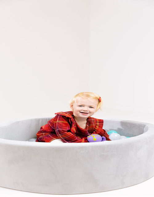 Load image into Gallery viewer, Grey Velvet Ball Pit with 200 Aqua, White, &amp; Grey Balls
