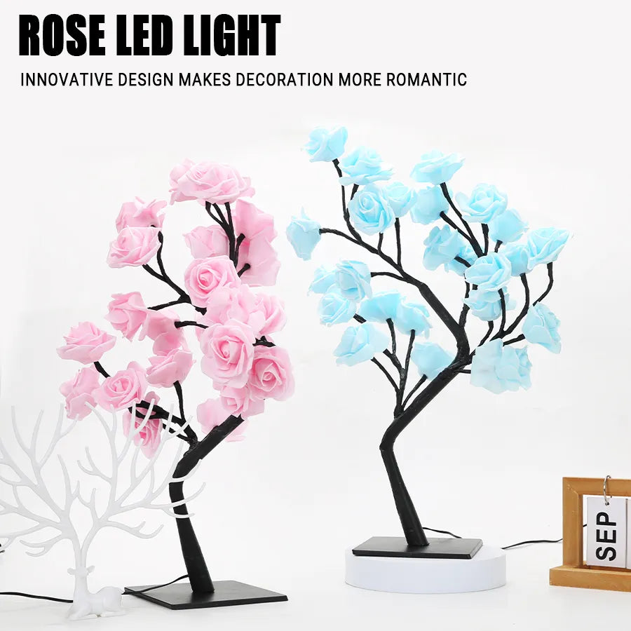 24 LED Rose Tree Lights USB Plug Table Lamp Fairy Flower Night Light for Home Party Christmas Wedding Bedroom Decoration Gift