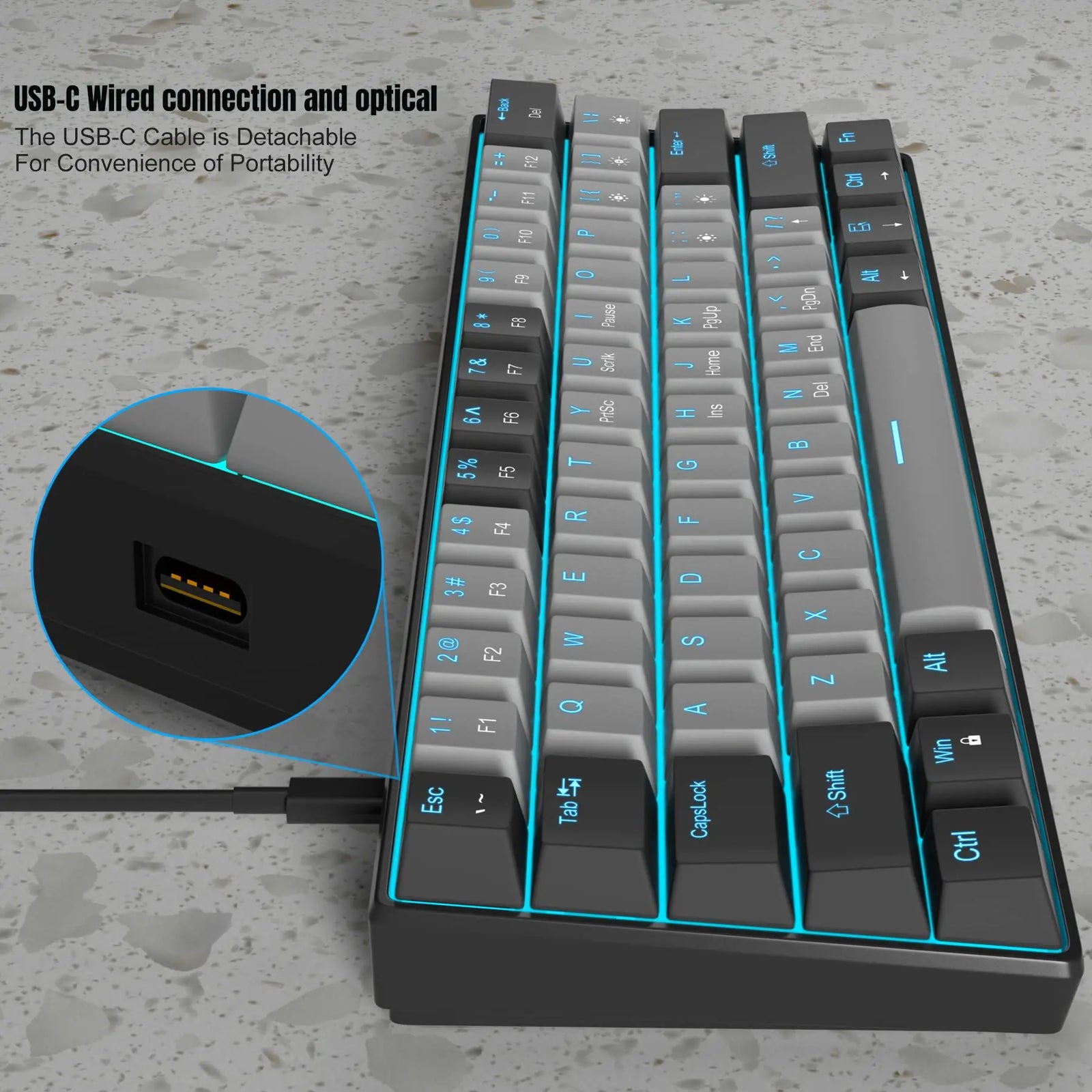 60% Mechanical Keyboard, Gaming Keyboard with Blue Switches and Sea Blue Backlit Small Compact 60 Percent Keyboard Mecha