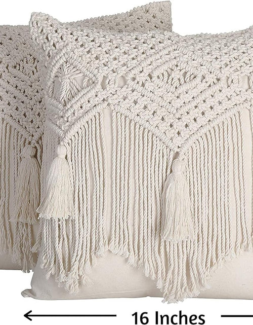 Load image into Gallery viewer, Boho Throw Pillow Covers 16X16, Macrame Pillow Covers, Modern Farmhouse Bohemian Pillow Covers for Bed, Couch or Sofa, Set of 2 with Tassels, Natural Off-White
