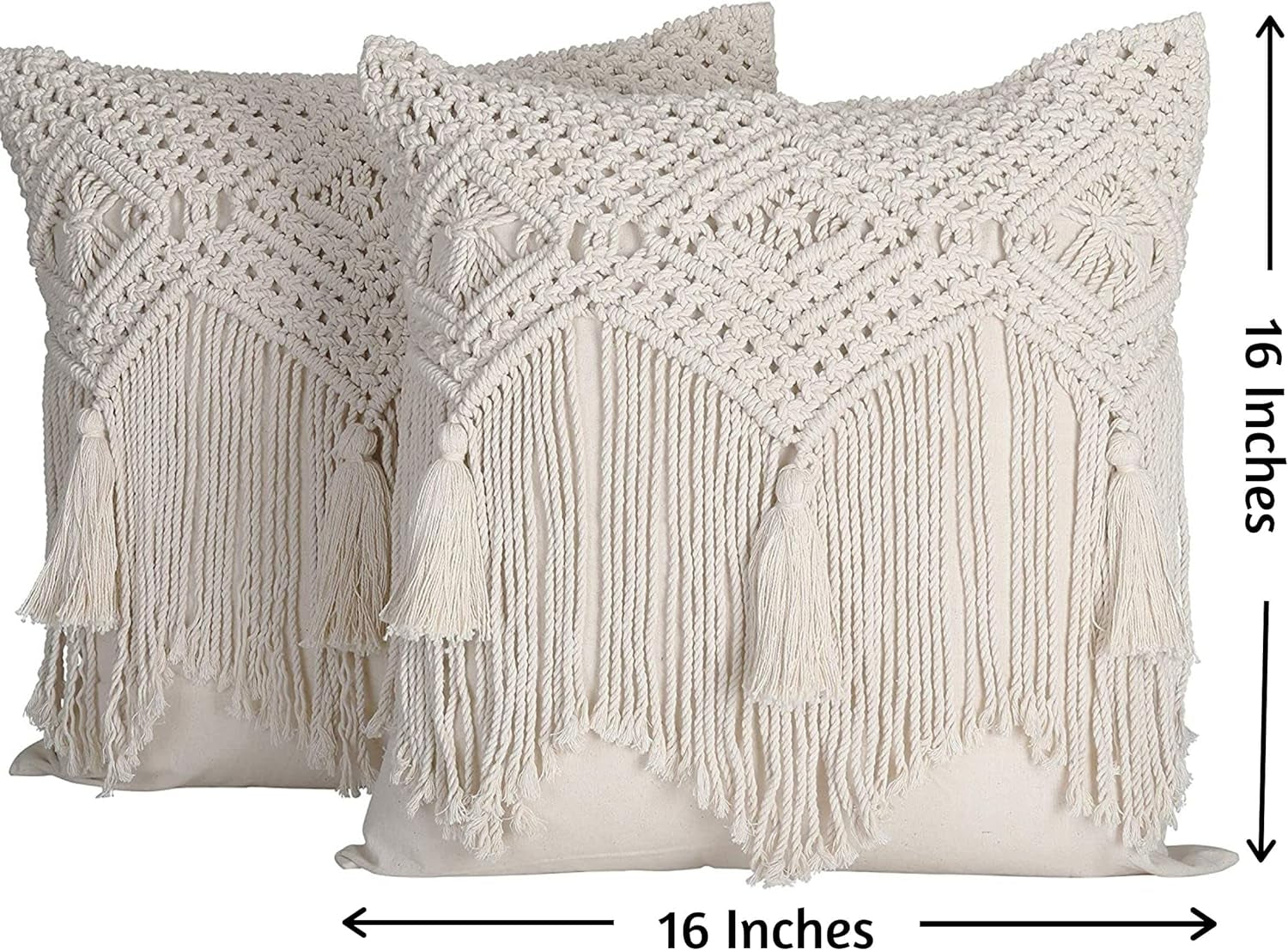 Boho Throw Pillow Covers 16X16, Macrame Pillow Covers, Modern Farmhouse Bohemian Pillow Covers for Bed, Couch or Sofa, Set of 2 with Tassels, Natural Off-White