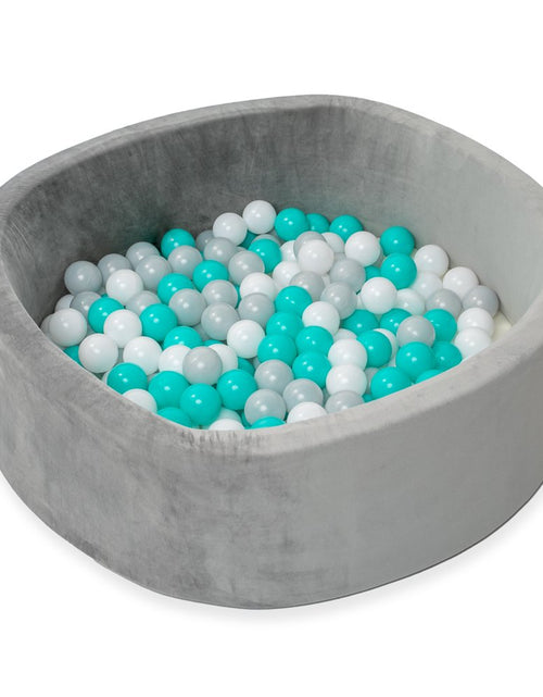 Load image into Gallery viewer, Grey Velvet Ball Pit with 200 Aqua, White, &amp; Grey Balls
